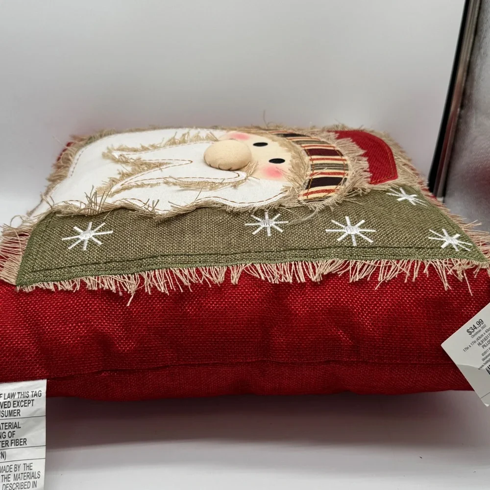 Hobby Lobby Rustic Burlap Applique Santa Face Christmas Throw Pillow 17x17